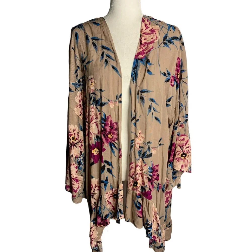 Charlotte Russe Open Front Kimono Top L Taupe Floral Ruffle Long Sleeves Rayon - Picture 1 of 7